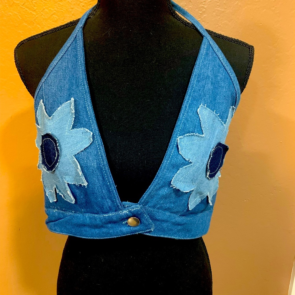 Halter Top Sunflower patches XL Denim